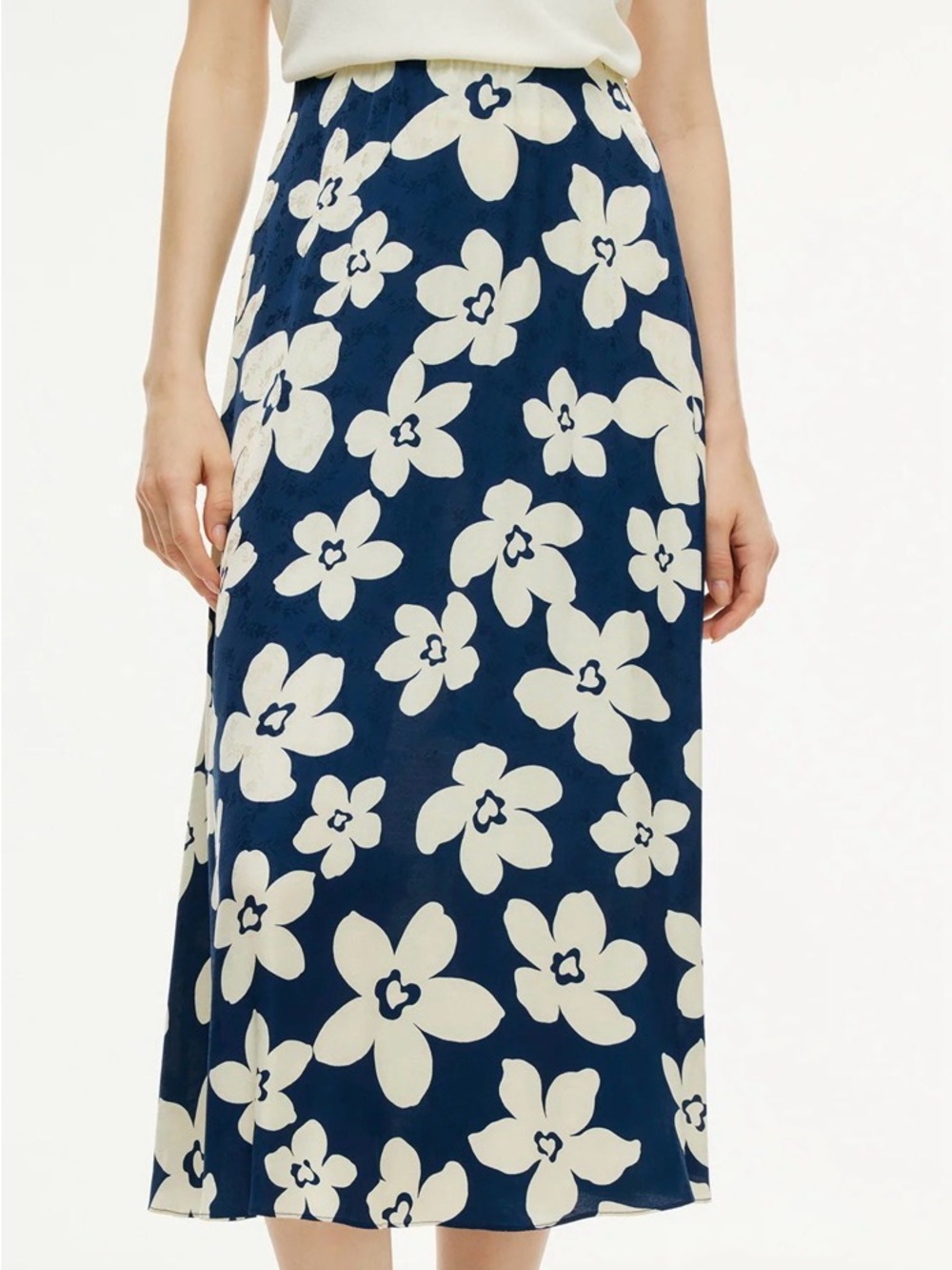 Navy Midi Skirt with Cream Floral Print